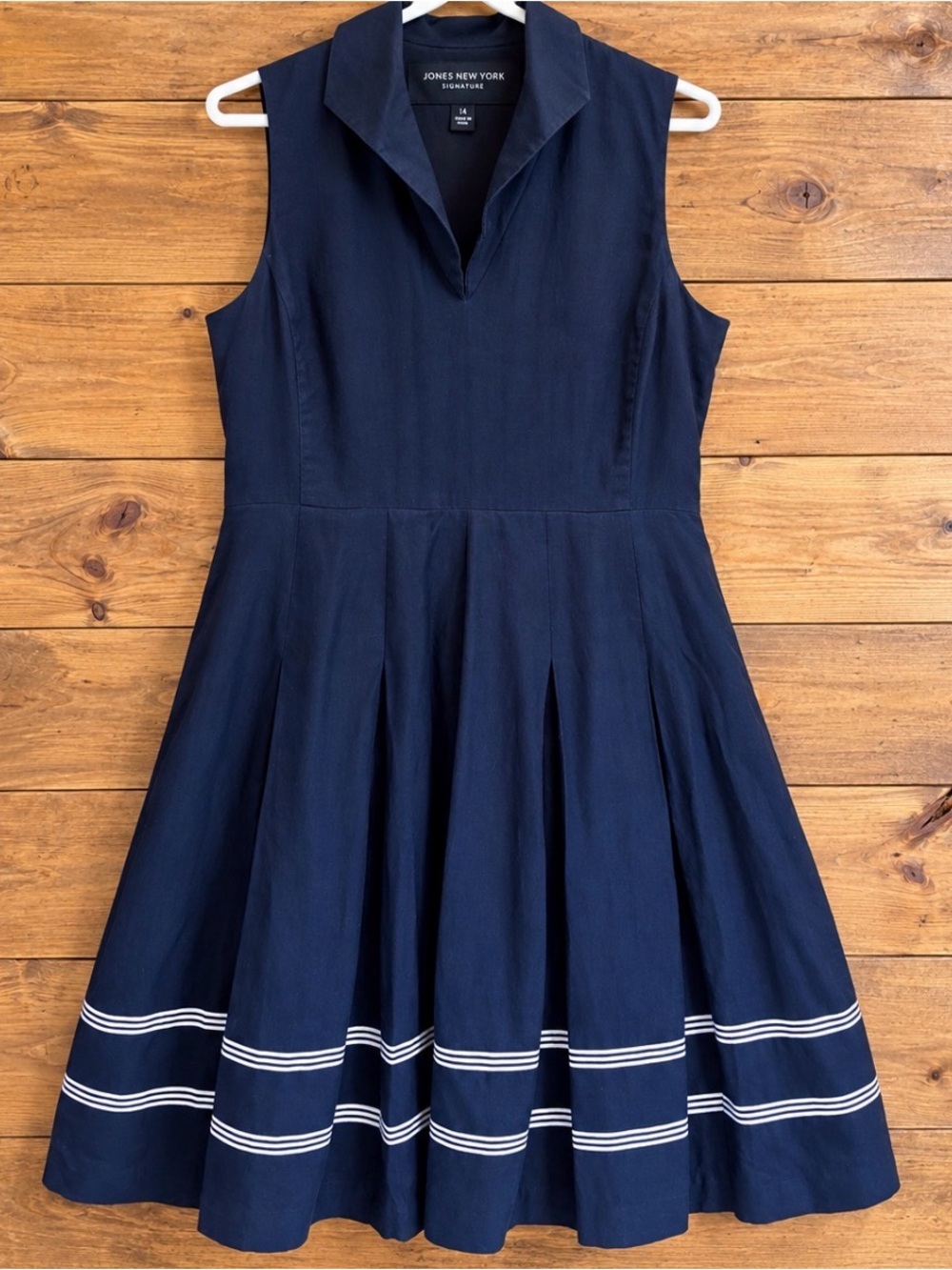 Jones New York Signature Linen Navy Fit & Flare Striped Hem Dress Size 14